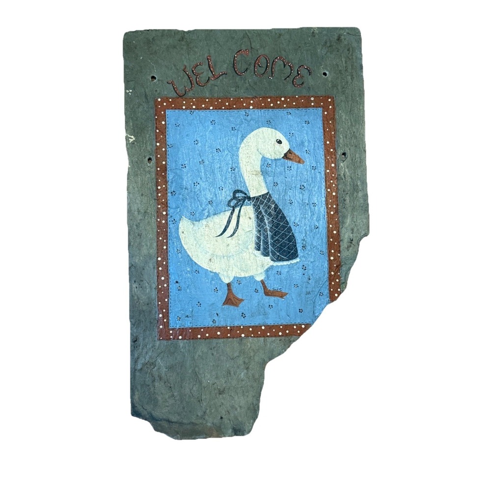 VTG 80s 90s Hand Painted Slate‎ Goose Welcome Sign Home Decor Cottagecore 12x20"